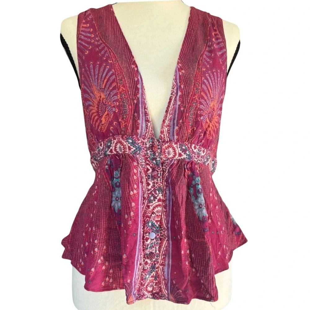Free People Peplum Top Womens S Burgundy Paisley Sleeveless Boho V-Neck